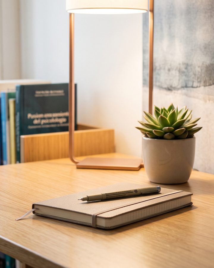 Scrivania con libri, lampada e una piccola pianta in un ambiente luminoso e raccolto